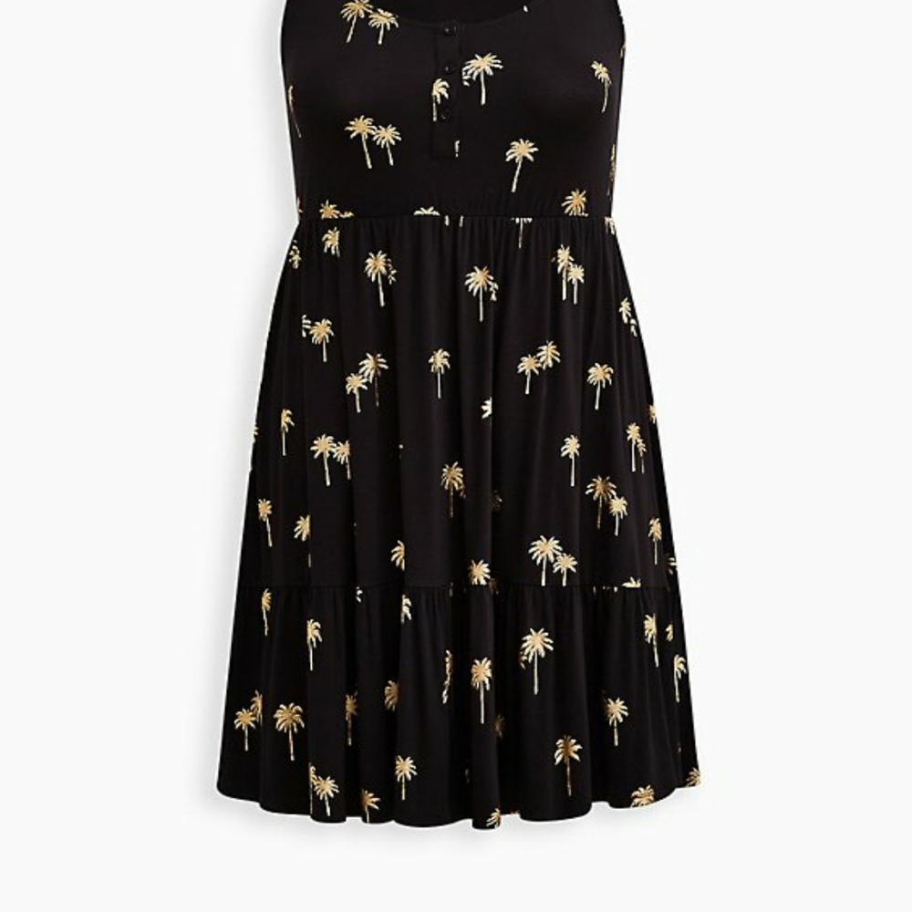 Torrid size 1 tiered mini dress. Super Soft Palm. Black with gold palm trees.